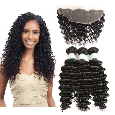 

MORICHY Brazilian Deep Wave 3 Bundles with 13×4 Ear to Ear Lace Frontal Closure 7A Unprocessed Deep Wave Human Hair Natural Color
