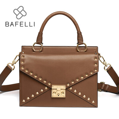 

BAFELLI new arrival split leather shoulder bag vintage rivet satchels crossbody bag caramel color bolsa feminina women bag