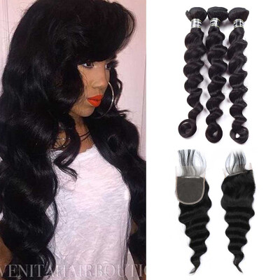 

Amazing Star Loose Wave with Closure Indian Virgin Loose Wave Hair Bundles with Closure Free Part Excellent Texture Soft