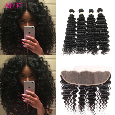 

Alot Deep Wave Bundles with Frontal Remy Indian Hair 41 Deep Wave 13x4 Swiss Lace Frontal Unprocessed Virgin Hair