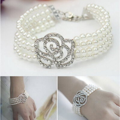 

Women Elegant 4 Layer Crystal Rose Flower Pearl Bracelet fashion Stylish