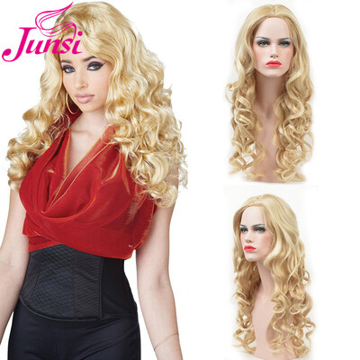 

JUNSI Long Blonde Synthetic Wigs for Women American Russian Afro Ombre Wavy Wig Heat Resistant Natural Full Hair