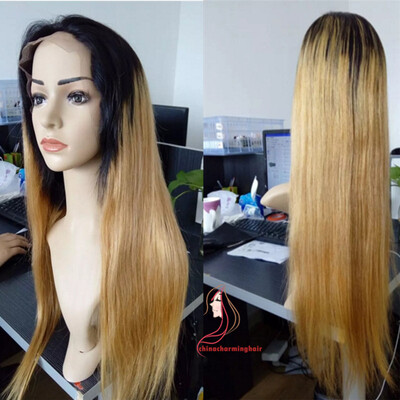 

Dark roots ombre brazilian hair lace front wig 1b27 silky straight Human Hair Wigs With Baby Hair