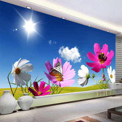 

Custom Photo Mural Wallpaper Blue Sky White Clouds Sunshine Flower Wall Painting Living Room Wall Covering Papel De Parede 3D