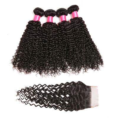 

Malaysian Kinky Curly Human Hair Bundles With Closure 7A Grade Virgin Unprocessed Human Hair Closure