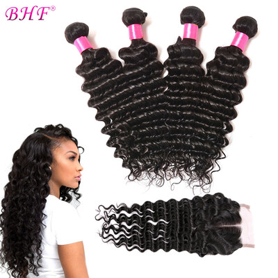 

BHF Hair 8A Virgin Deep Wave Hair With Silk Base Closure Virgin Brazilian Hair Weave Bundles With Closure Three Part