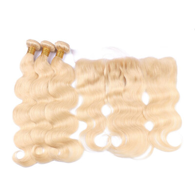 

613 Blonde Bundles With Frontal Body Wave Peruvian Virgin Hair With Closure 13*4 Lace Frontal Weave Extensions