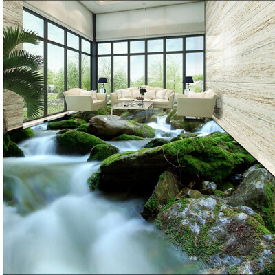 

Free Shipping 3D stereo high quality green plants stone flowing water bedroom living room bathroom floor painting 250cmx200cm
