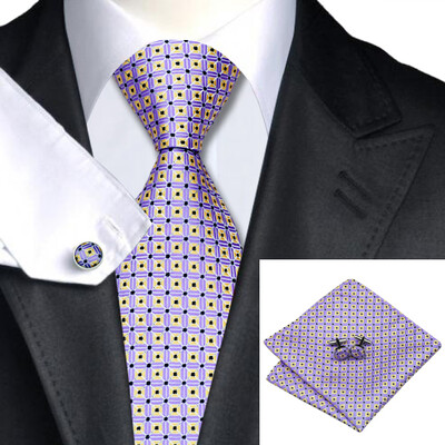 

N-0572 Vogue Men Silk Tie Set Purple Plaid Necktie Handkerchief Cufflinks Set Ties For Men Formal Wedding Business wholesale