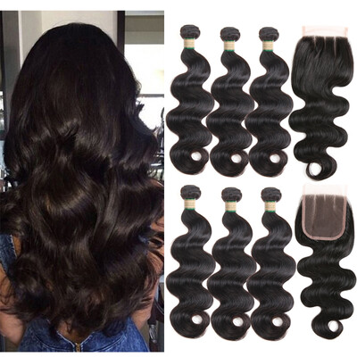 

MORICHY Brazilian Body Wave 3 Bundles with 3 Part Lace Closure 7A Unprocessed Virgin Human Hair Weave Bundles with Closure