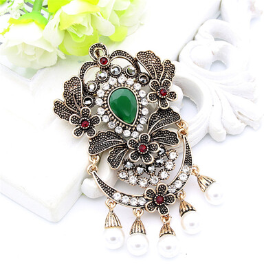

Vintage Turkish Women Big Resin Simulated-Pearl Brooch Pin Flower Подвеска Ювелирные изделия Античное золото Цвет Индия Невеста Эт