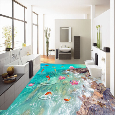 

Free Shipping Swimming fish Lotus Lake 3D floor self-adhesive waterproof bedroom bathroom coffee house flooring mural 250cmx200cm