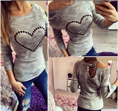

Autumn Long Sleeve Knitted Sweater Women Beading Heart Pullovers Jumper Pull Femme
