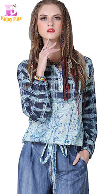 

M L High Quality chest 88-92cm vintage cotton new autumn 2017 blue plaid long sleeve blouse women casual with bow loose lady