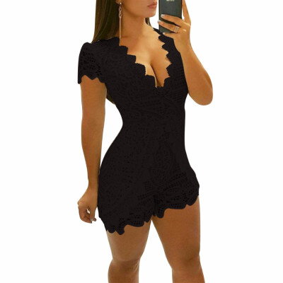 

Fashion Lace Short Jumpsuits For Women Summer Sexy V-neck Short Sleeve Bodysuit Party Elegant Overalls Macacao Feminino 4 Color