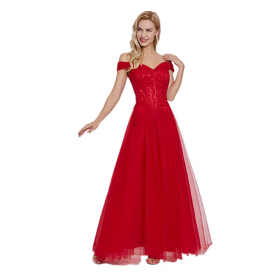 

CAZDZY Off-the-Shoulder Lace A Line Evening Dress Red
