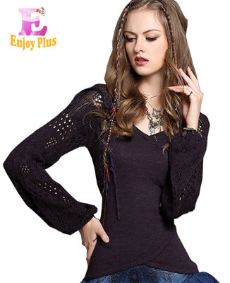 

M High Quality chest 78-93cm vintage wool&cotton new autumn 2017 pullover sweater women long sleeve black purple slim v neck