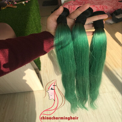 

ombre 1b green silky straight Brazilian human hair extension two tone green hair with dark roots double weft