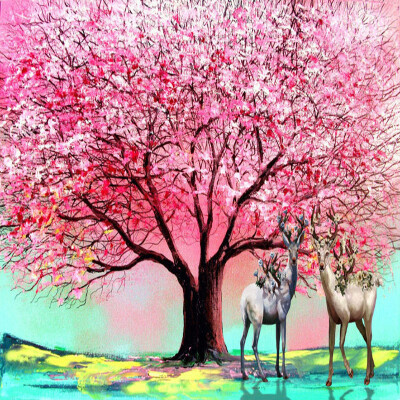 

Custom 3D Wall Murals Wallpaper European Style Oil Painting Pink Big Tree Elk Living Room Sofa Bedroom Backdrop Wall Decor Mural