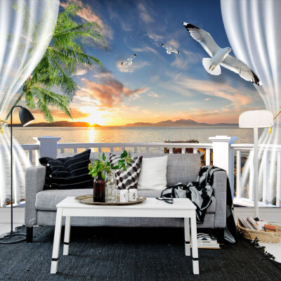 

Custom Photo Wall Paper 3D Balcony Curtains Sunset Seascape Wall Papers Home Decor Living Room Sofa TV Backdrop Mural Wallpaper