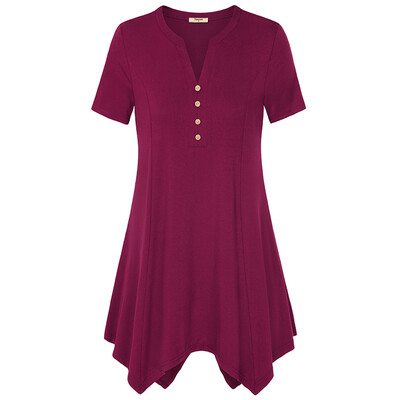 

Timeson Womens Casual Solid Basic V Neck Short Sleeve Handkerchief Henley Long Tunic Tops Button Irregular Hem Formal Cute Sexy T
