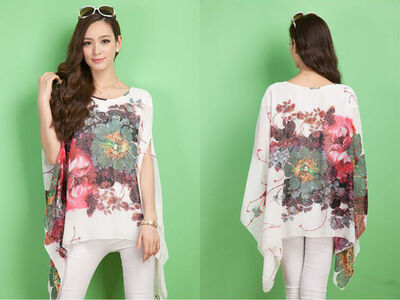 

Floral Women Summer Batwing Sleeve Loose Chiffon Tops T-shirt Blouse US Stock