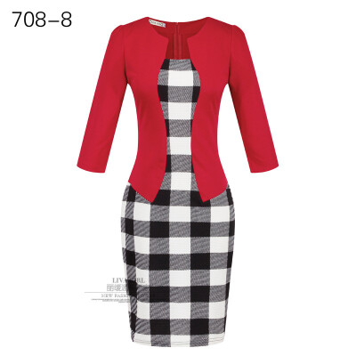 

Women Work Dress Longsleeve Spring new European station grid Pencil Skirt fake two Professional dress L13