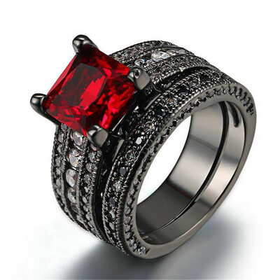

Luxury Black Gold Plated Ring Sets Princess Cut Red Cubic Zirconia Anniversary Ring For Women Full Size Wholesale R628