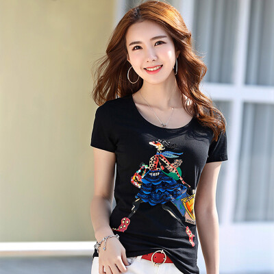 

2018 spring&summer new students printed hot drilling loose T-shirt long-sleeved shirt