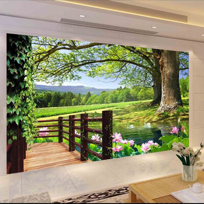 

Custom 3D Photo Wallpaper Countryside Scenery For Walls Tall Trees Pool Lotus Wall Mural Photo Wall Paper Living Room Wall Decor