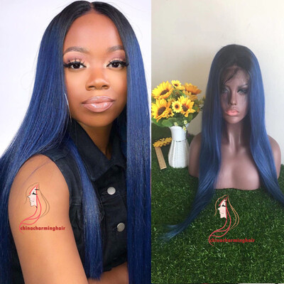 

1Bblue Dark Root straight Ombre Human hair Wigs ombre blue Lace Front Wig on sale brazilian silky straight