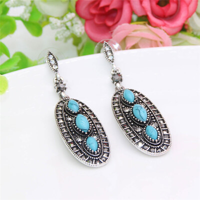 

Vintage Turkish Women Long Drop Ellipse Earrings Antique Silver Color Flower Dangle Earrings Bohemia Indian Bridal Jewelry