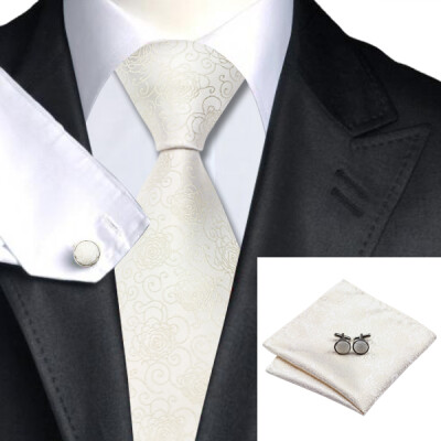 

N-1174 Vogue Men Silk Tie Set Ivories Floral Necktie Handkerchief Cufflinks Set Ties For Men Formal Wedding Business wholesale