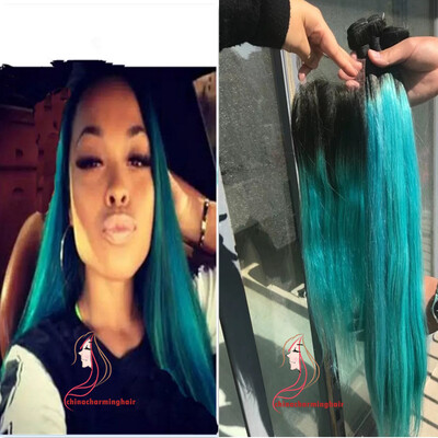 

Ombre Brazilian silky straight Hair Weaves With Top Closure T1b Teal Green Two Tone Virgin Remy Human Hair Bundles Lace Closure 4p