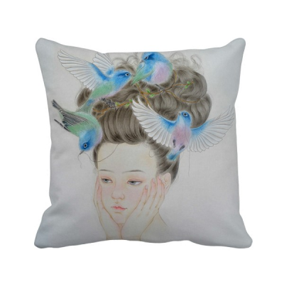 

Pretty Girl Blue Bird Chinese Painting Polyester Toss Throw Pillow Square Cushion Gift