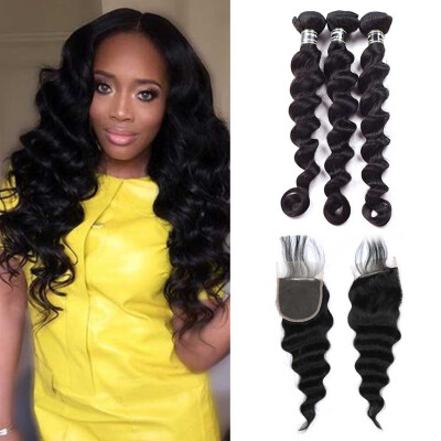 

Amazing Star Peruvian Virgin Hair Loose Wave Bundles with Closure Human Hair Bundles with Closure 4x4 Inch Free Part Lace Closure