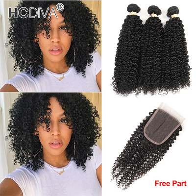 

HCDIVA India Virgin Hair Kinky Curly 3 bundle with Lace Closure Swiss Lace 100 Unprocessed India Virgin Human Bundle with Closure