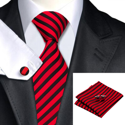 

N-0219 Vogue Men Silk Tie Set Red Stripe Necktie Handkerchief Cufflinks Set Ties For Men Formal Wedding Business wholesale