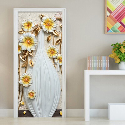 

European Style Yellow Flower Wallpaper Self Adhesive Wallpaper PVC Waterproof Home Decor Door Mural 3D Wall Sticker 77cmx200cm