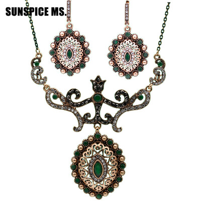 

Vintage Turkish Bride Flower Jewelry Sets Women Resin Hook Dangle Earrings Lace Necklace Oval Pendant Antique Gold Color Bijoux