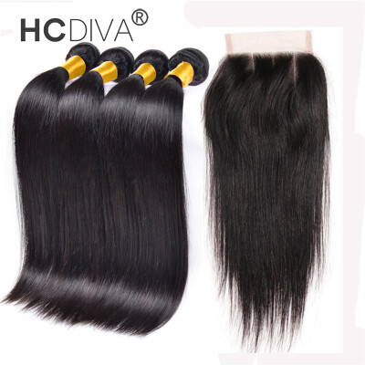 

Indian Straight Hair With Closure 4 Bundles India Virgin Hair Straight Bundles With Closure 7a Grade Raw Human Hair Weave HCDIVA