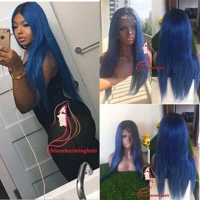 

1B/blue Dark Root straight Ombre Human hair Wigs ombre blue Lace Wig on sale brazilian silky straight