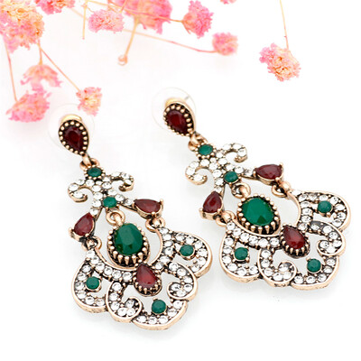 

Vintage Turkish Women Blue Resin Long Hanging Earrings Crystal Drop Earrings Bijoux Antique Gold Ethnic Wedding Indian Jewelry