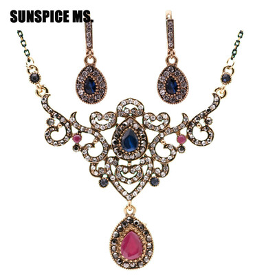 

SUNSPICE MS Vintage Turkish Women Flower Necklace Dangle Earrings Resin Jewelry Sets Antique Gold Indian Banquet Bridal Bijoux