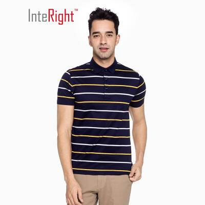 

INTERIGHT 10 silk crossbar mens business polo shirt dark blue yellow strip L