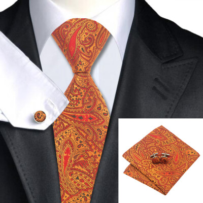 

N-0976 Vogue Men Silk Tie Set Orange Paisley Necktie Handkerchief Cufflinks Set Ties For Men Formal Wedding Business wholesal