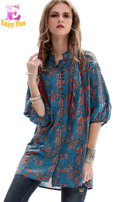 

M L chest 96-101cm vintage cotton linen spring summer 2018 long blouse women shirt half sleeve print tops loose casual