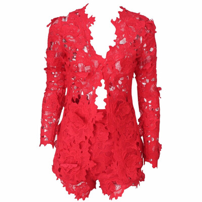 

Fashion Two Piece Set White Lace Hollow Out Long Sleeve Clothing Set Women Tracksuits Coat Top and Shorts Plus Size S-XXL