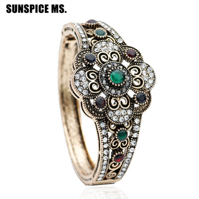 

Brand Design Turkish Women Flower Vintage Bangle Bracelets Antique Gold Color Resin Jewelry Arabia Lace Indian Wedding Bijoux