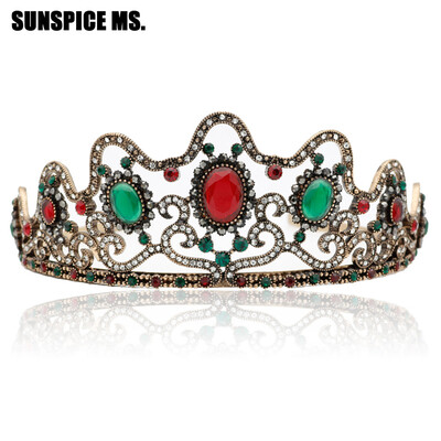 

New Bohemia Wavy Lines Round Resin Vintage Flower Tiaras Crown Antique Gold Color Hairband Indian Turkish Ethnic Hair Jewelry